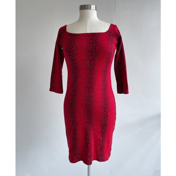 Vtg 80's Red Leopard Print Long Sleeve Bodycon Dress Sz S/M Goth Punk Grunge - Picture 1 of 10